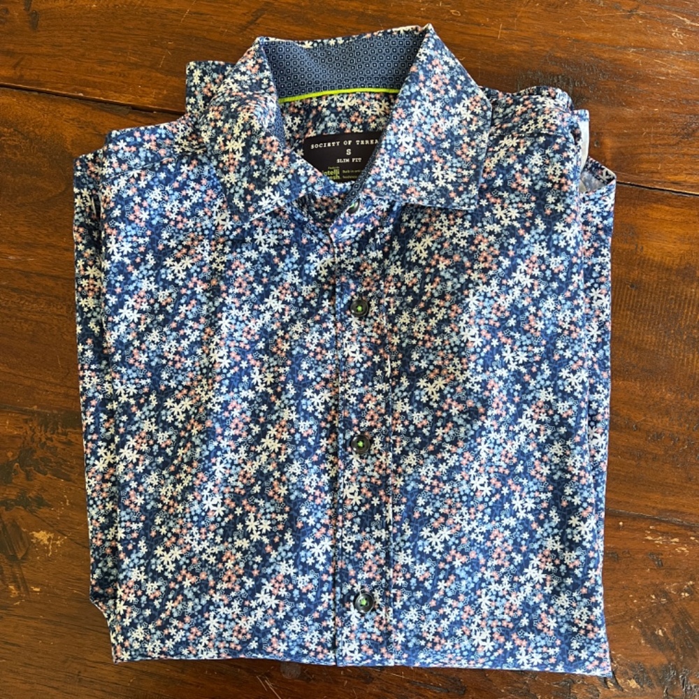 Society of Threads Slim Fit Blue Mini Ditsy Floral Print Button Up Dress Shirt S - Picture 2 of 10
